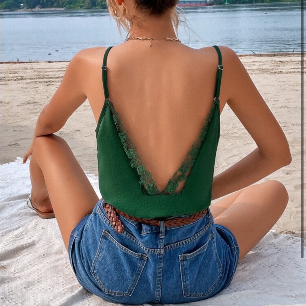 Boho Embroidery Lace Sheer Mesh Backless Cami Tank Top Blue - Picture 2 of 11